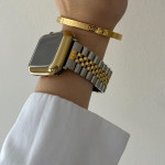 اپل واچ قاب طلایی بند مشکی نقره‌ای